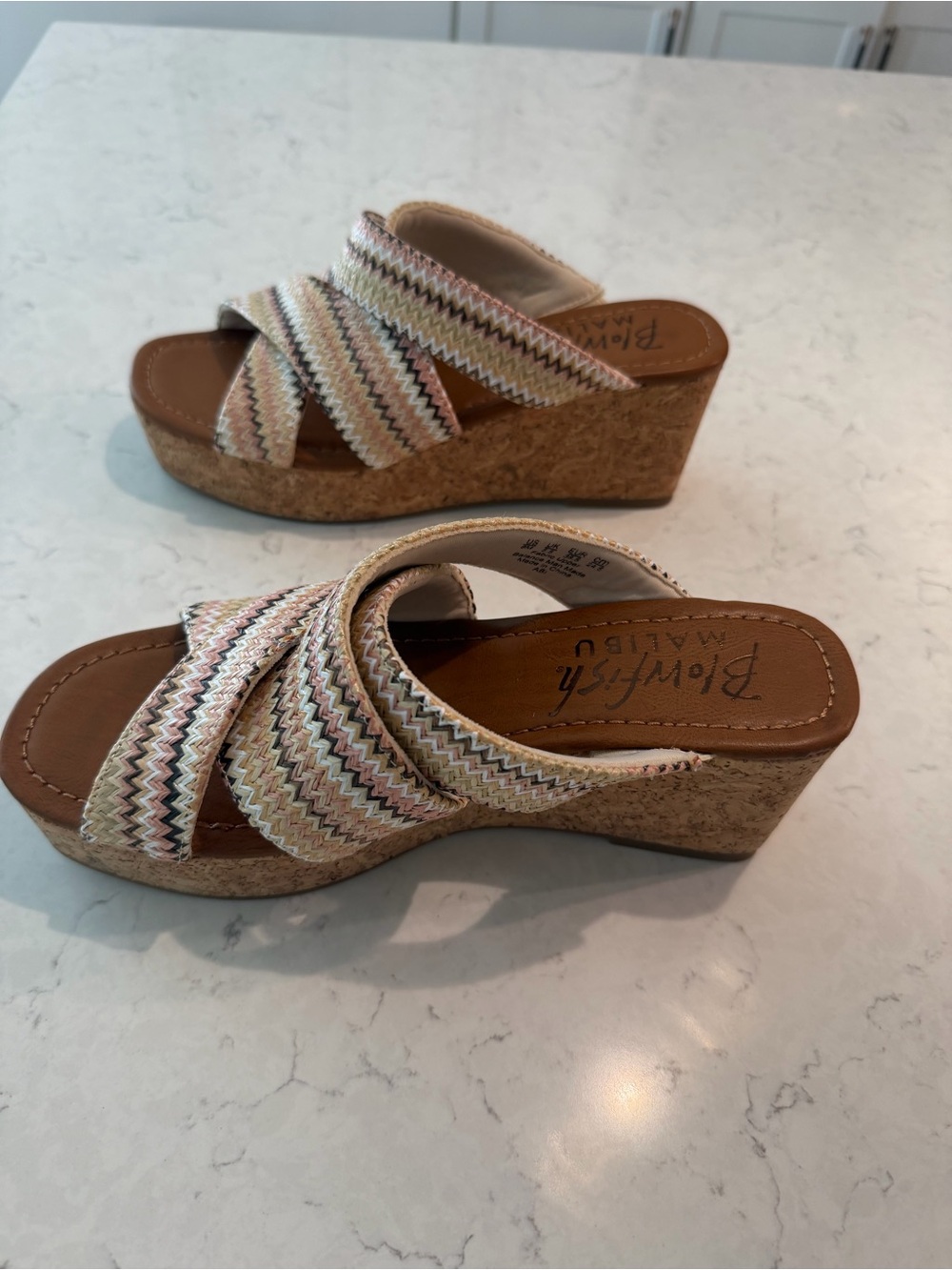 Blowfish Cork Wedge Slides with Cream and Pink Multi-Stripe Straps